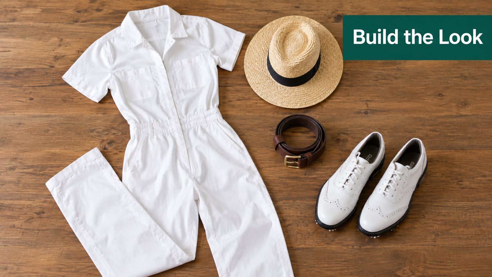 A flat lay of a white jumpsuit, straw hat, brown leather belt, and white brogues on wood.