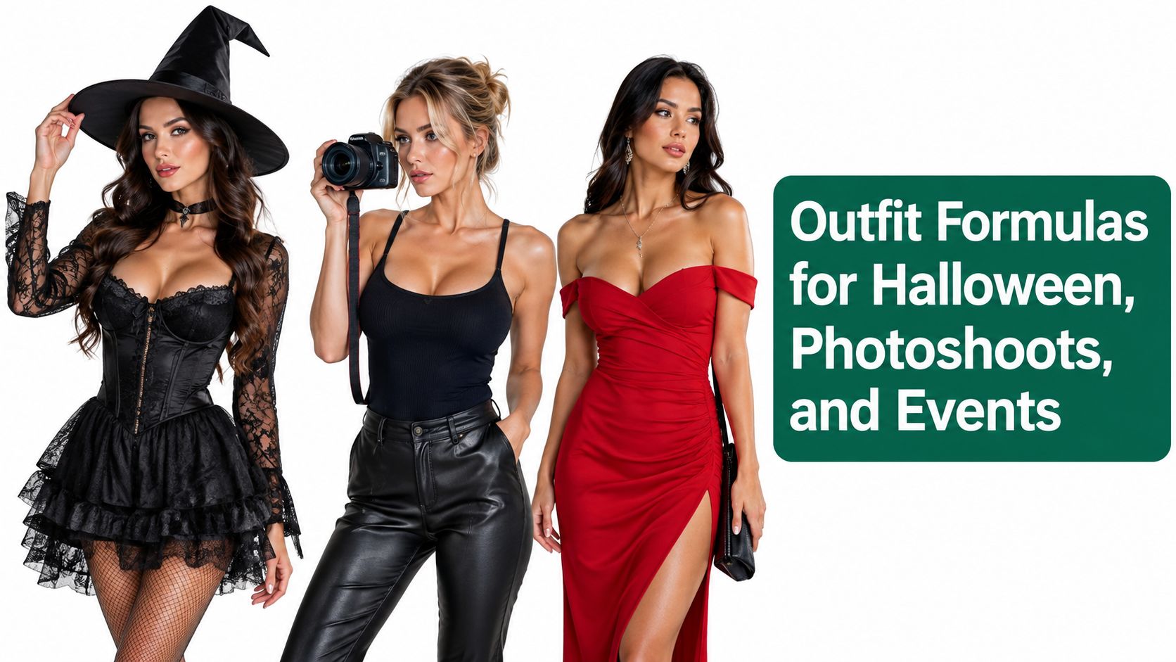 Three women showcasing diverse fashion styles including a witch costume, professional attire, and a formal red dress.
