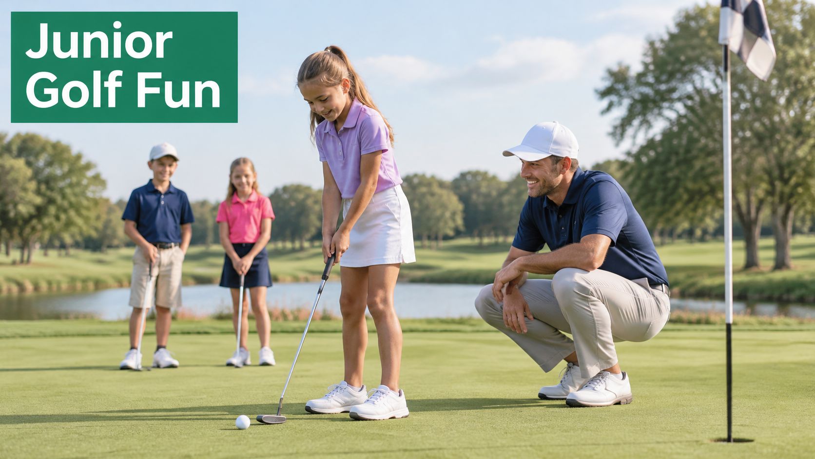 A professional golf instructor teaches a young girl how to putt while two other children watch.