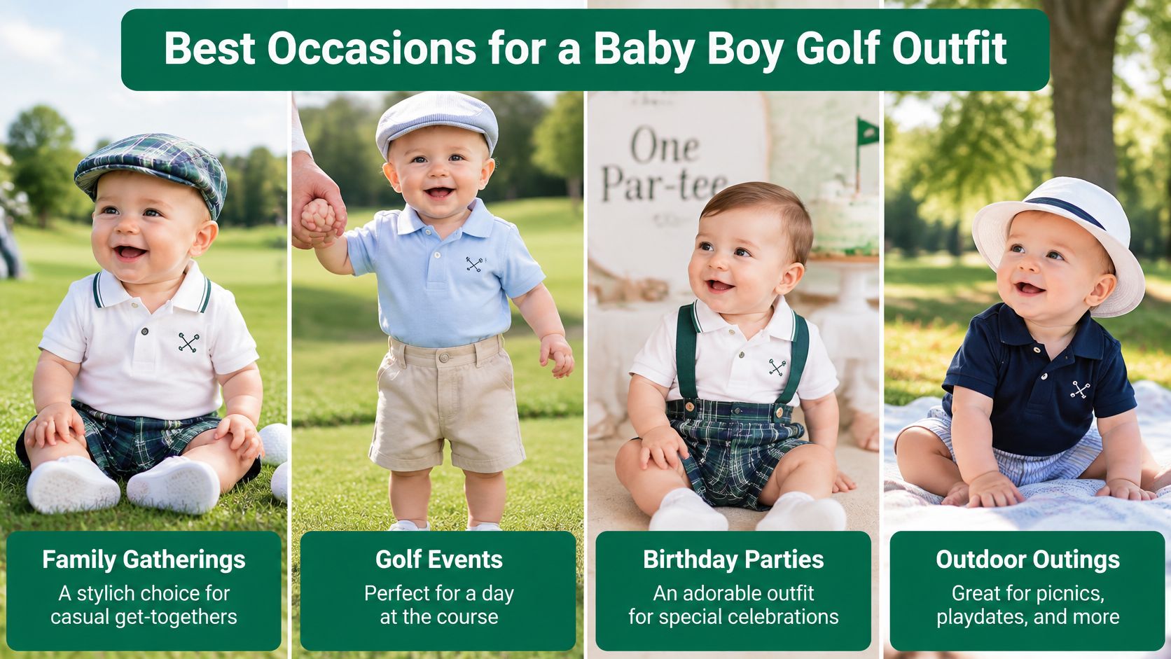 A collage showing four adorable baby boys wearing stylish golf-themed outfits for various social occasions.
