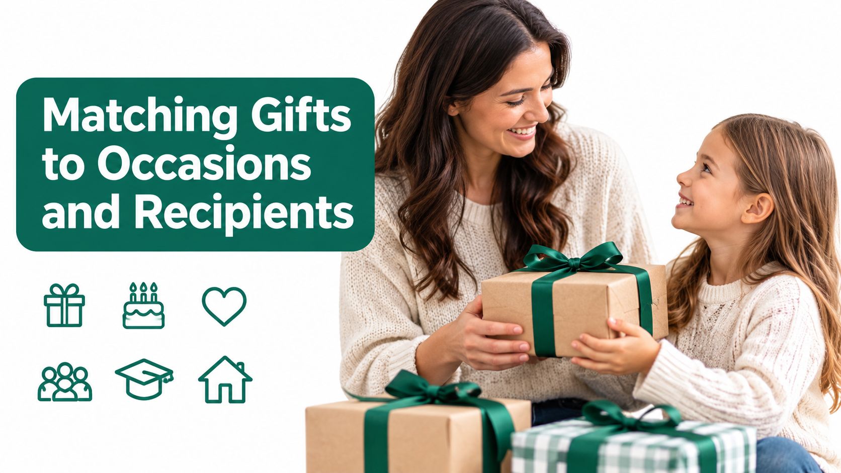 A smiling mother giving a wrapped gift to her young daughter, representing occasion-based gift giving.