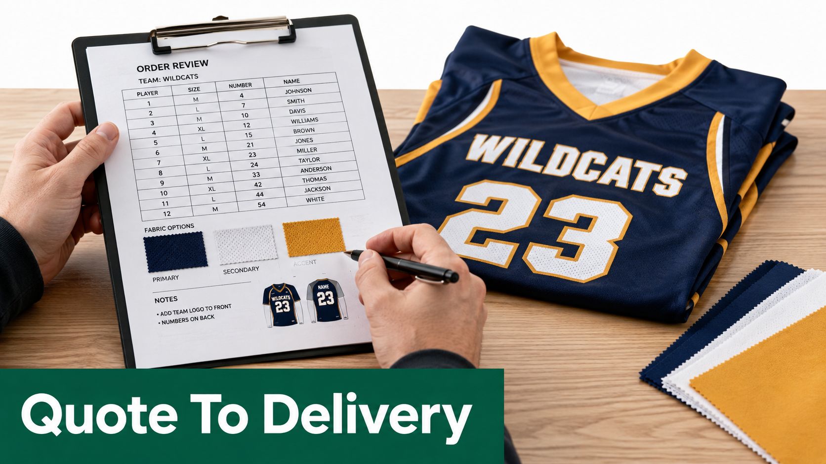 Hands reviewing a custom sports uniform order form with a clipboard and jersey on a wooden table.