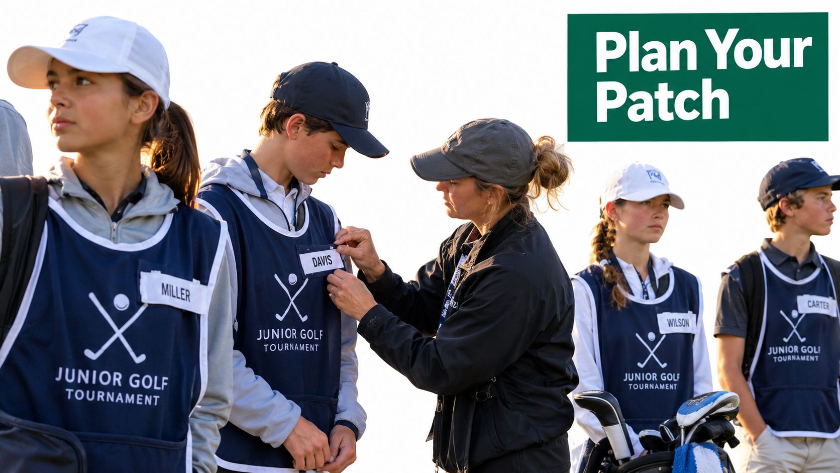 A volunteer attaches a custom name patch to a junior golfer's navy blue tournament vest.
