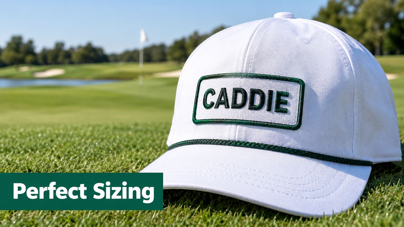 A white golf cap featuring a CADDIE patch sitting on a vibrant green golf course grass.