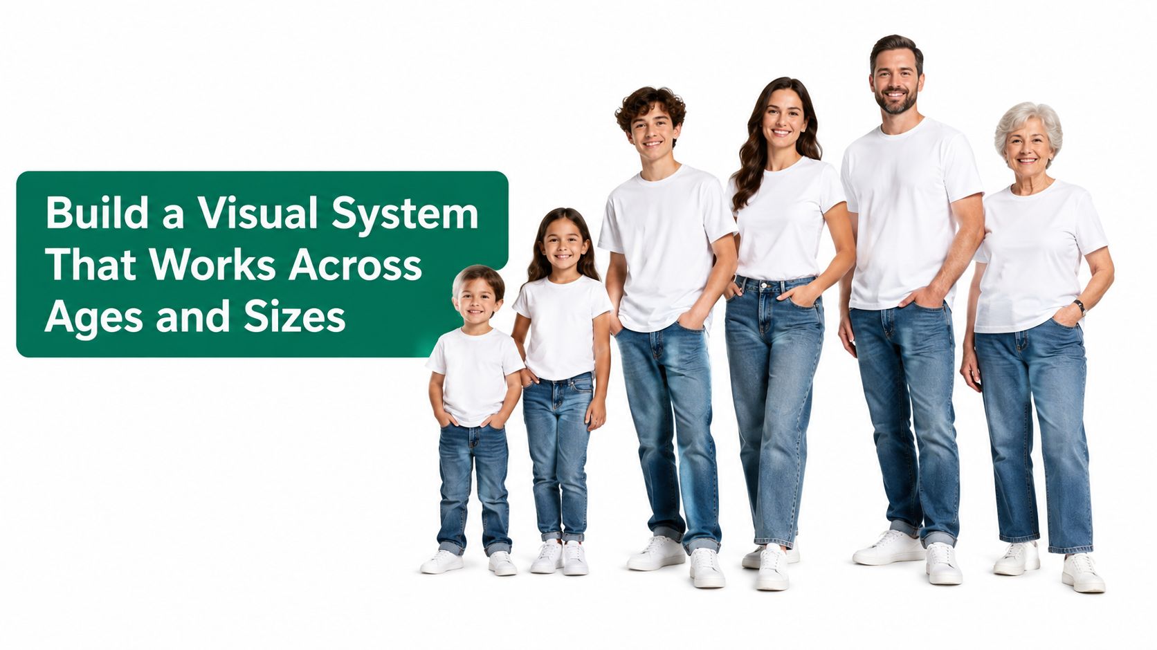 A diverse family group from child to senior wearing matching white t-shirts and blue jeans standing together.