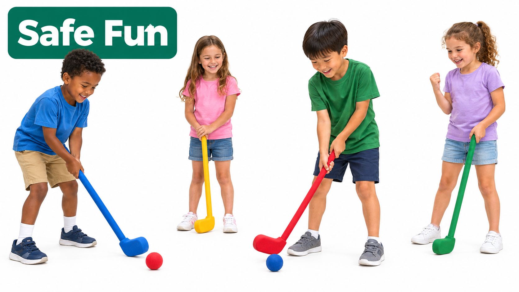Four diverse children playing with colorful foam golf clubs and balls in a studio setting.