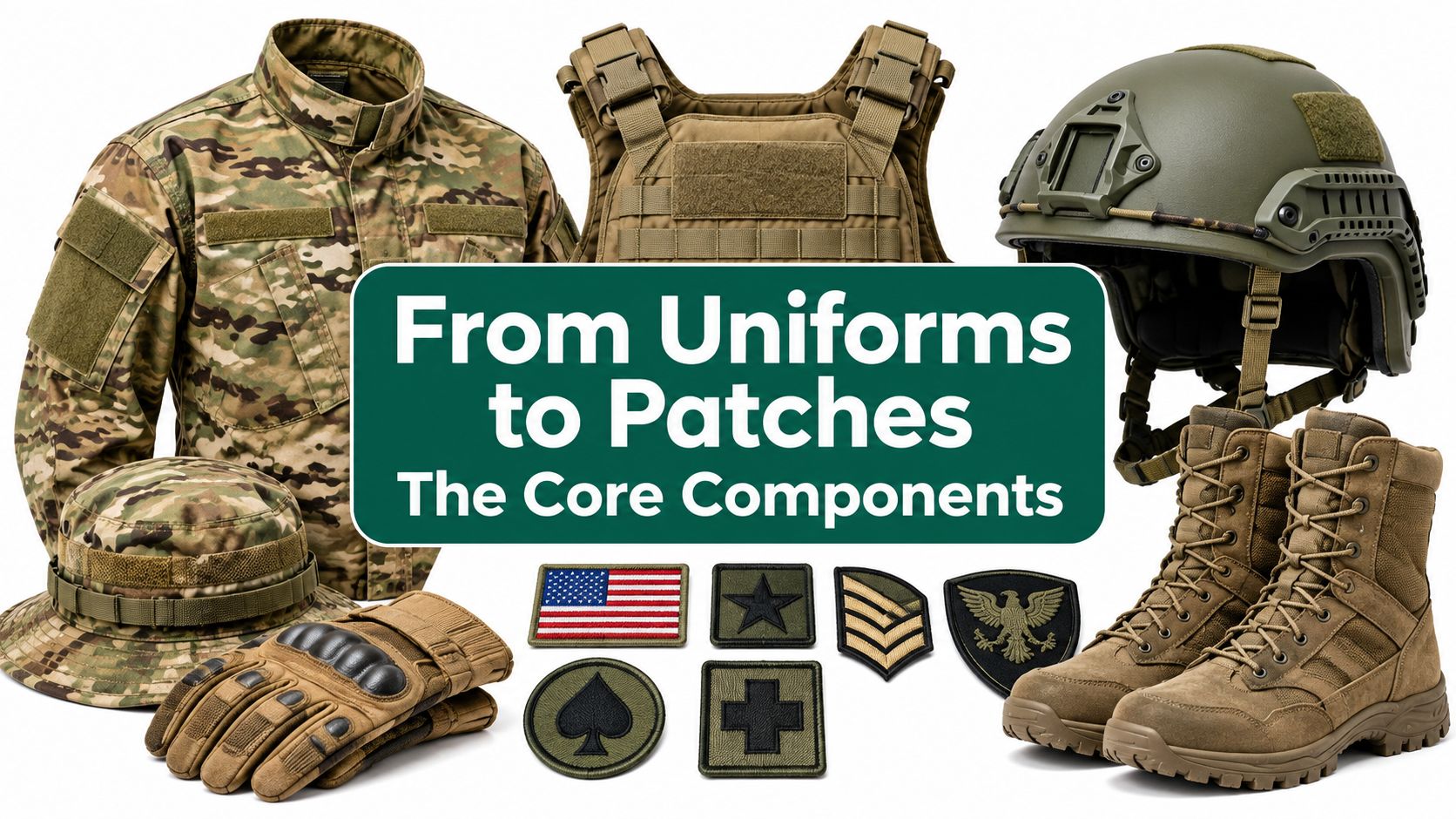 A collection of military uniform components, including a jacket, helmet, tactical gloves, boots, and various insignia patches.