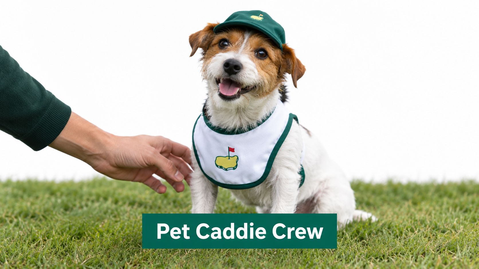 A happy Jack Russell terrier wearing a Masters golf hat and bib sits on the grass.