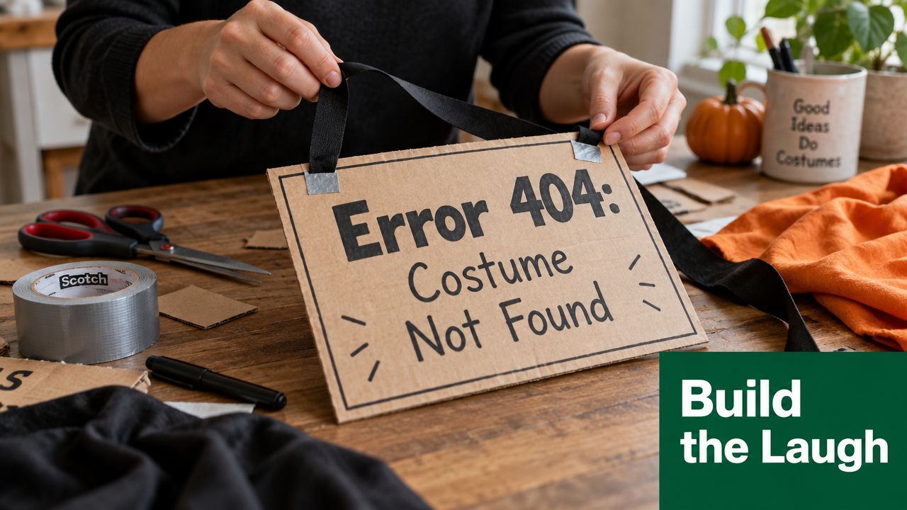 A person crafting a DIY cardboard sign that reads Error 404 Costume Not Found for Halloween.