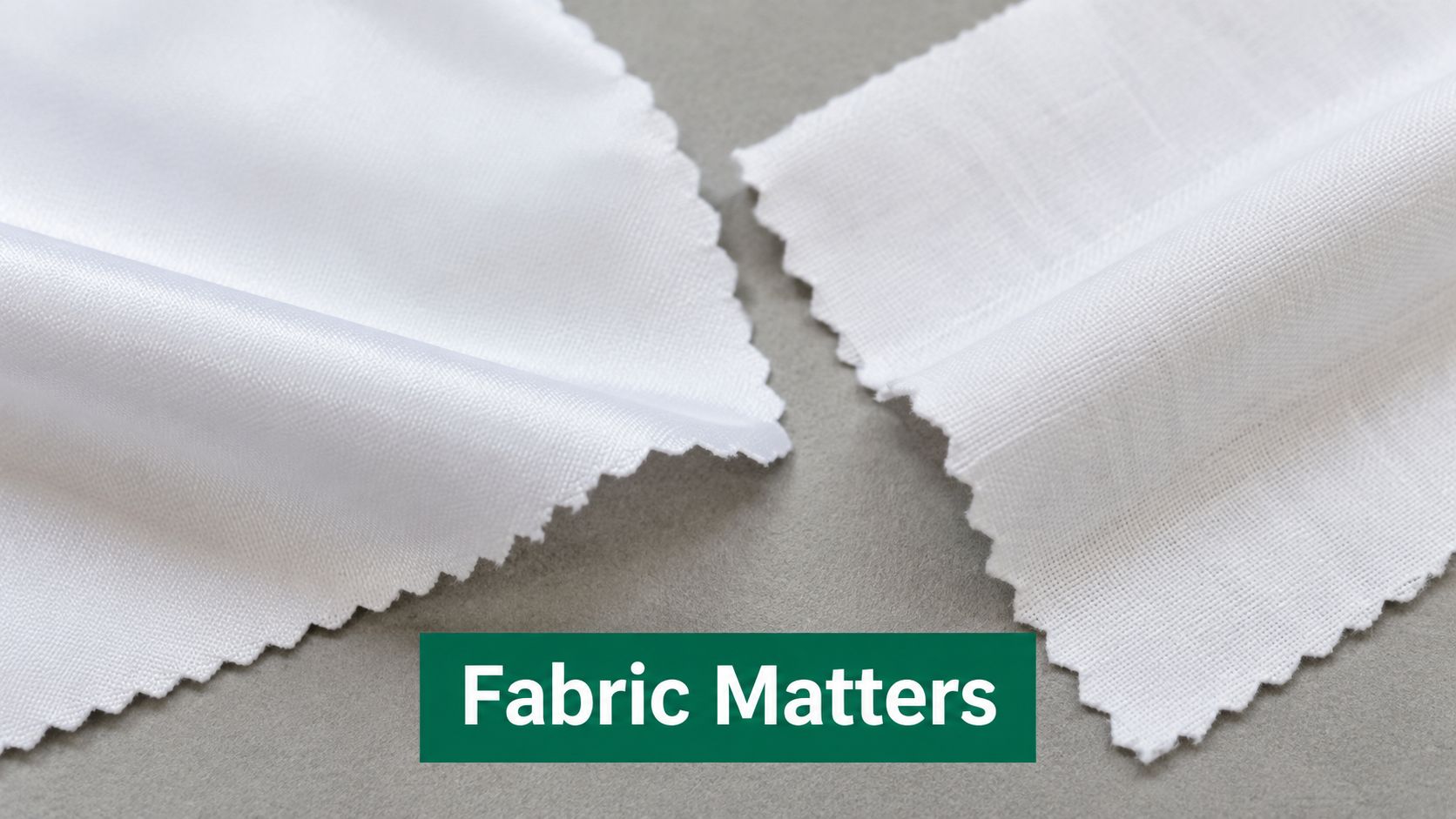 Two distinct samples of white fabric displayed side by side against a neutral gray background.