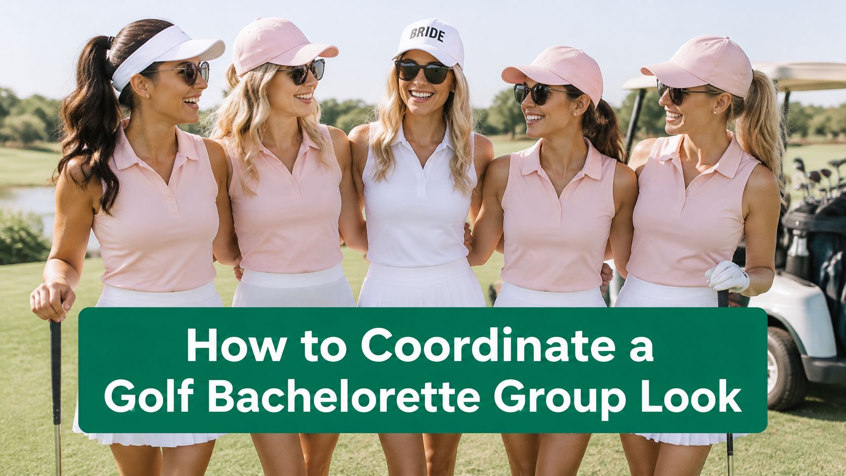 Five women wearing coordinated pink and white golf outfits pose together on a green golf course.