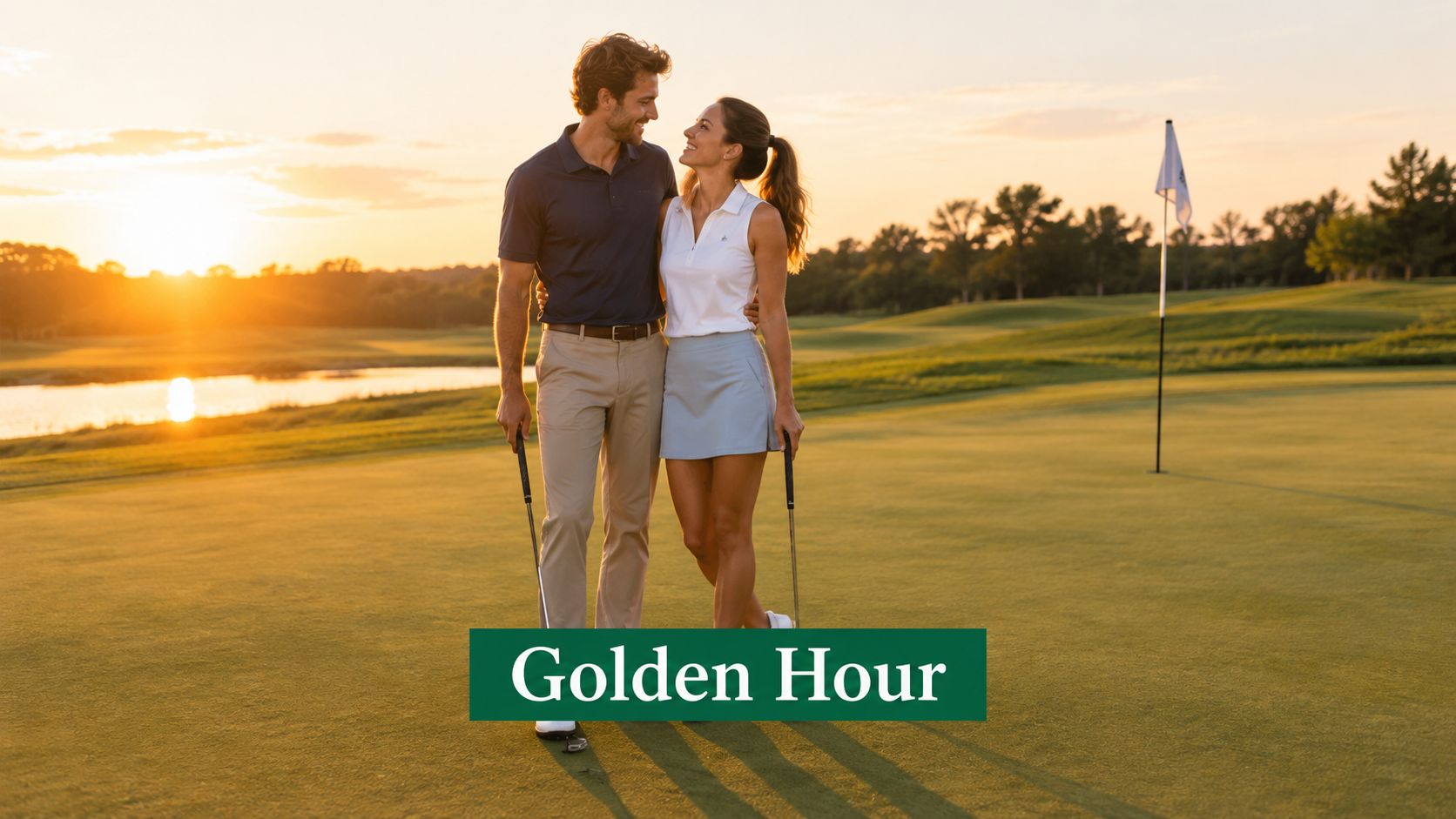 A happy couple standing together on a golf course during a beautiful sunset golden hour.