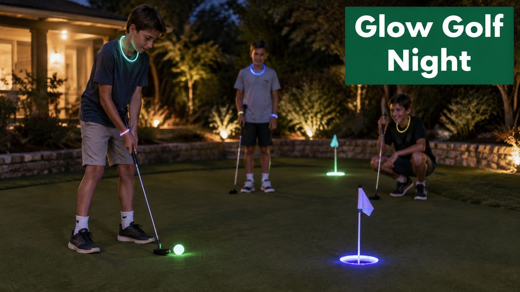 Three boys enjoying a fun game of glow in the dark mini golf on a backyard putting green.