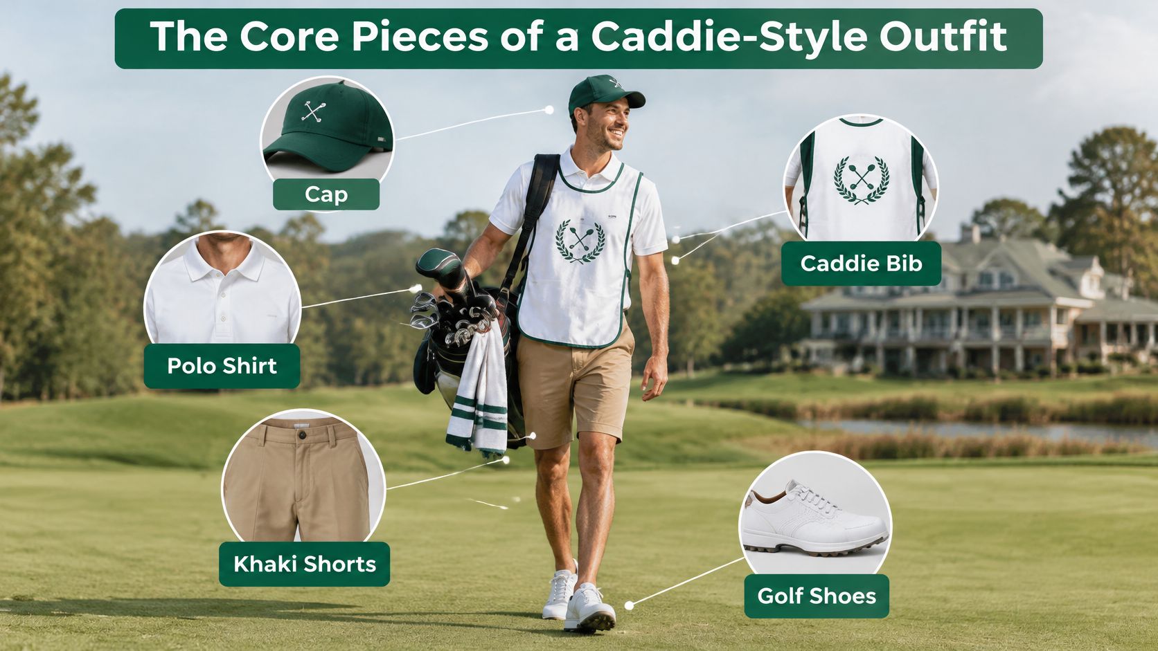 A professional golf caddy walking on a green course, highlighting the essential pieces of his uniform outfit.