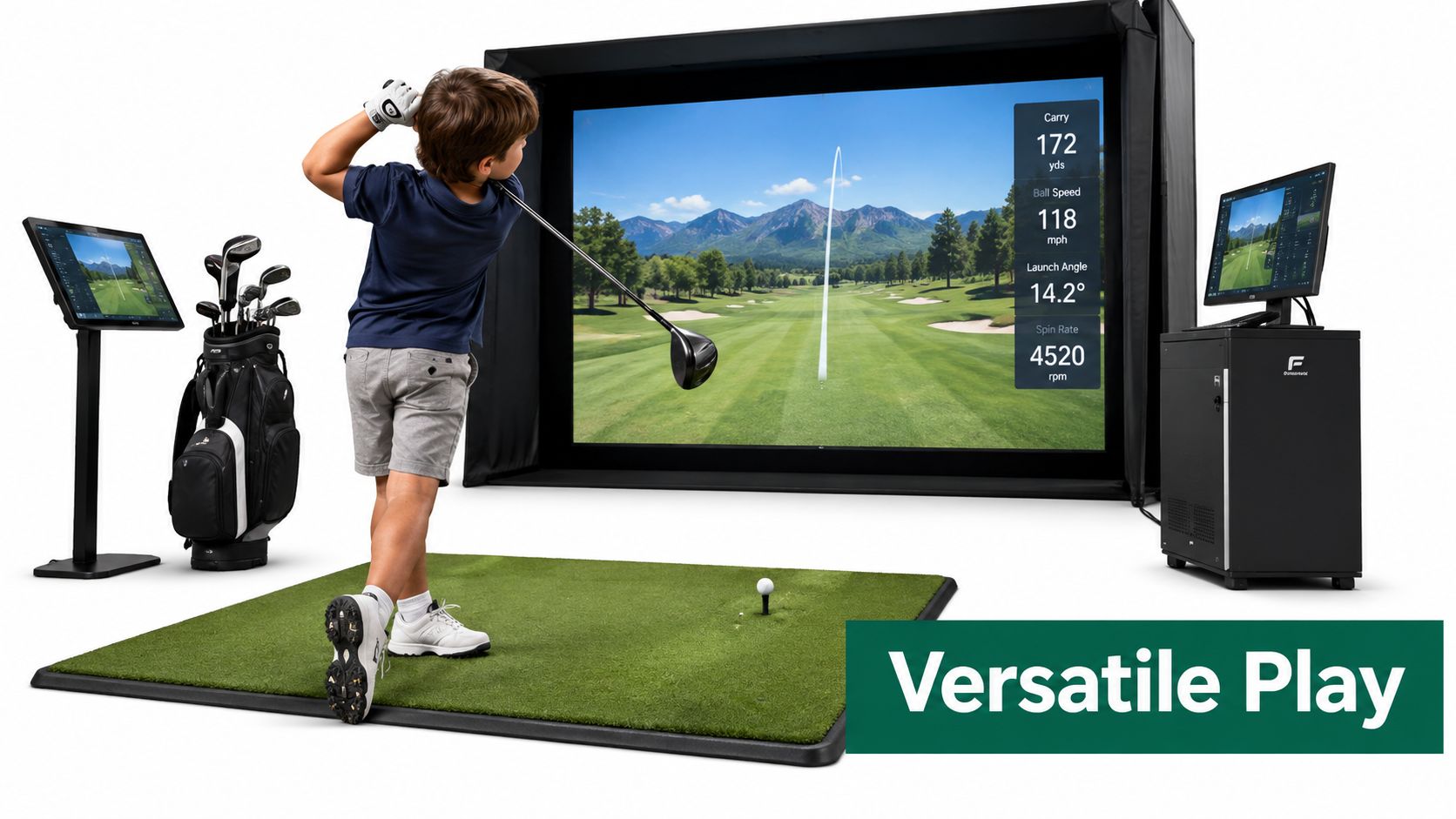 A young boy practicing his golf swing using a professional indoor digital golf simulator system and mat.
