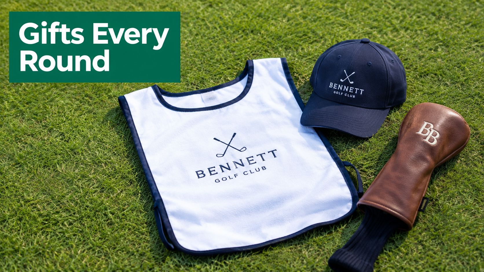 A white golf towel, a navy blue baseball cap, and a brown leather headcover on green grass.
