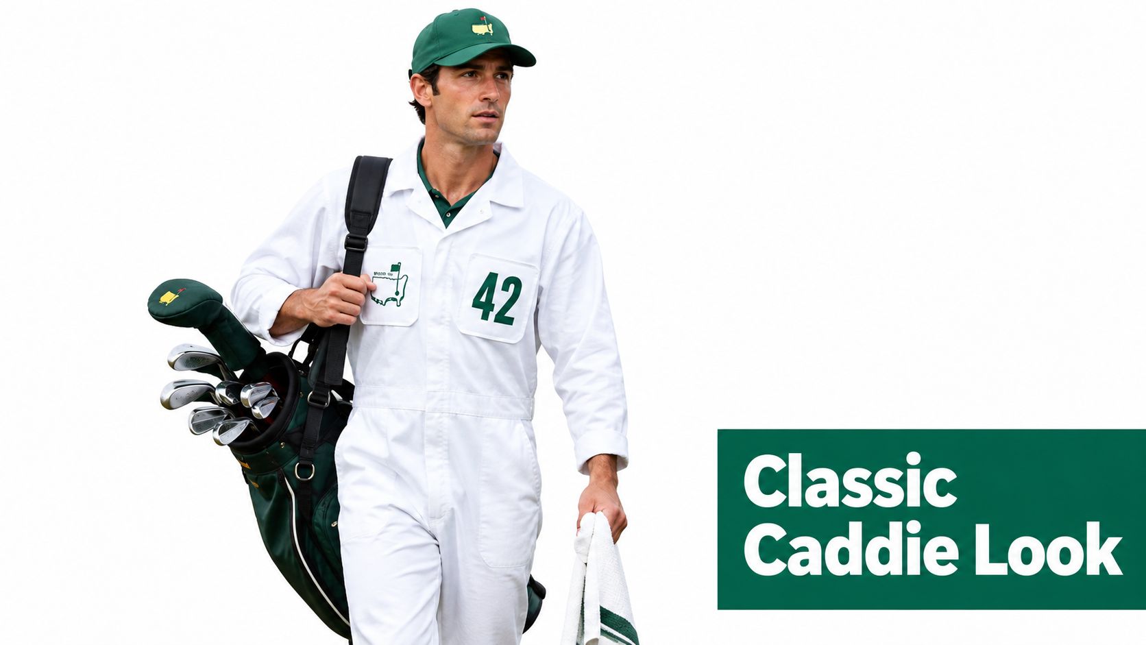 A professional caddie wearing a traditional Masters white jumpsuit and green hat carries a golf bag.
