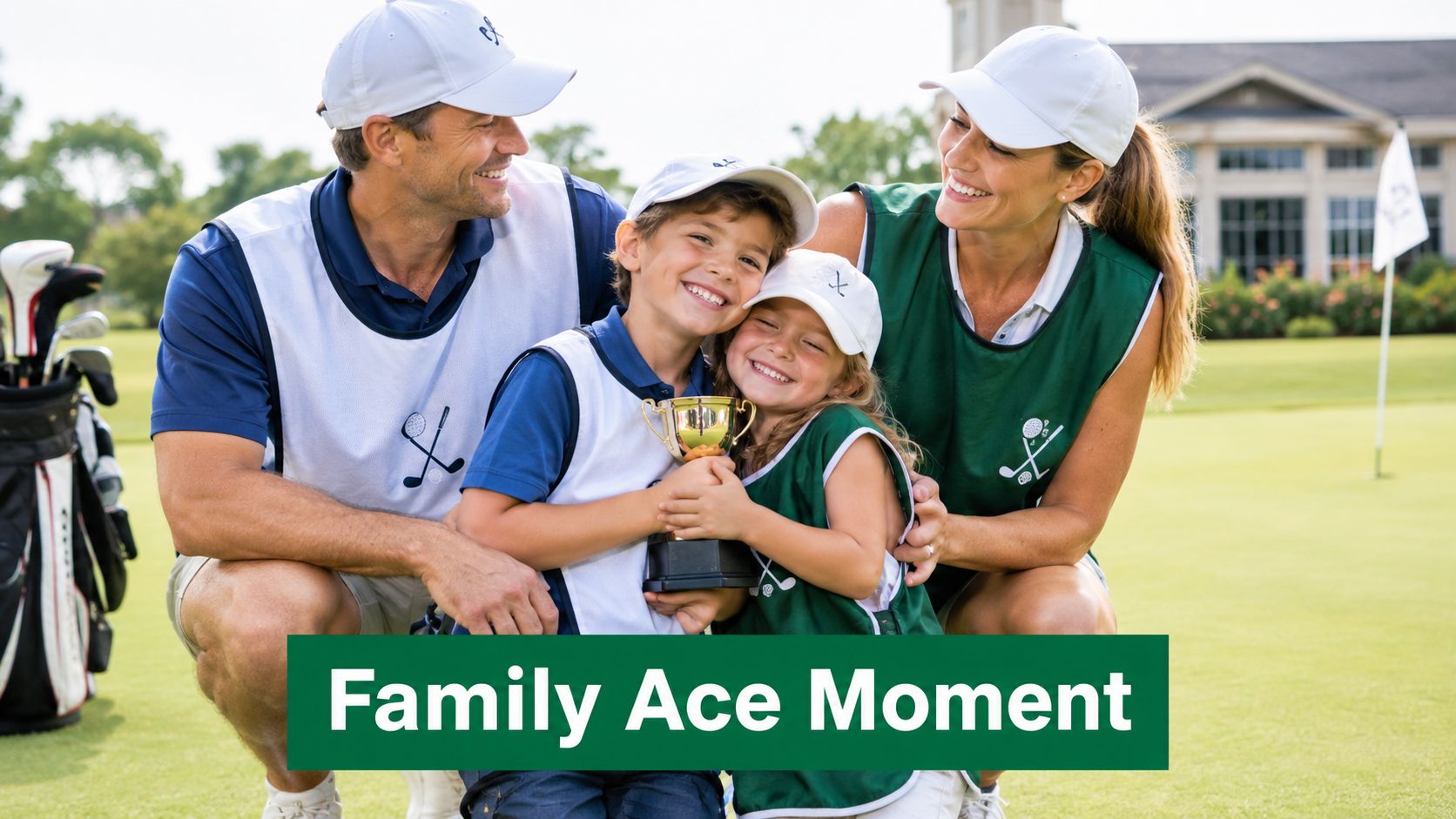 A happy family of four celebrating with a golf trophy on a sunny golf course green.