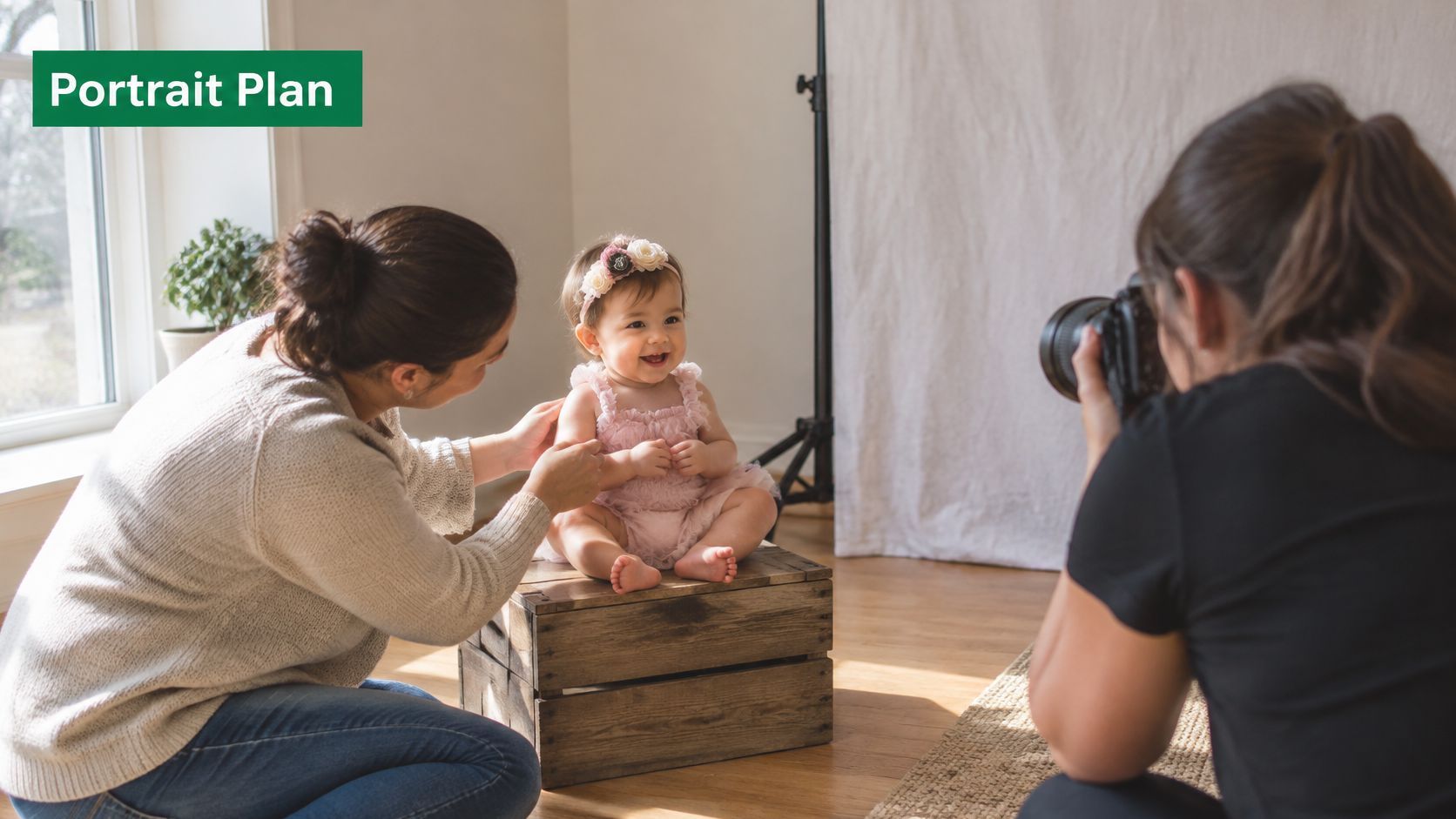 A professional photographer taking photos of an adorable baby sitting on a wooden crate in a studio.