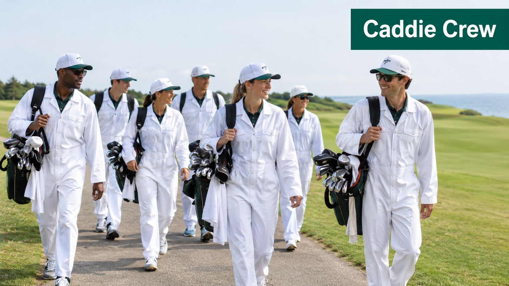 A group of golf caddies in white jumpsuits and green hats walking together on a golf course.