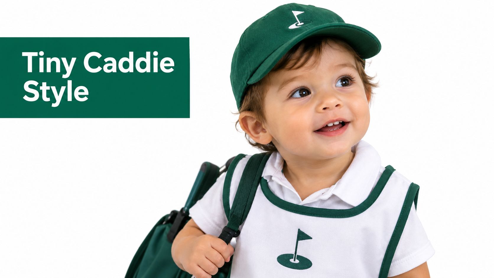 A happy toddler dressed in a miniature golf caddie costume with a white bib and green cap.