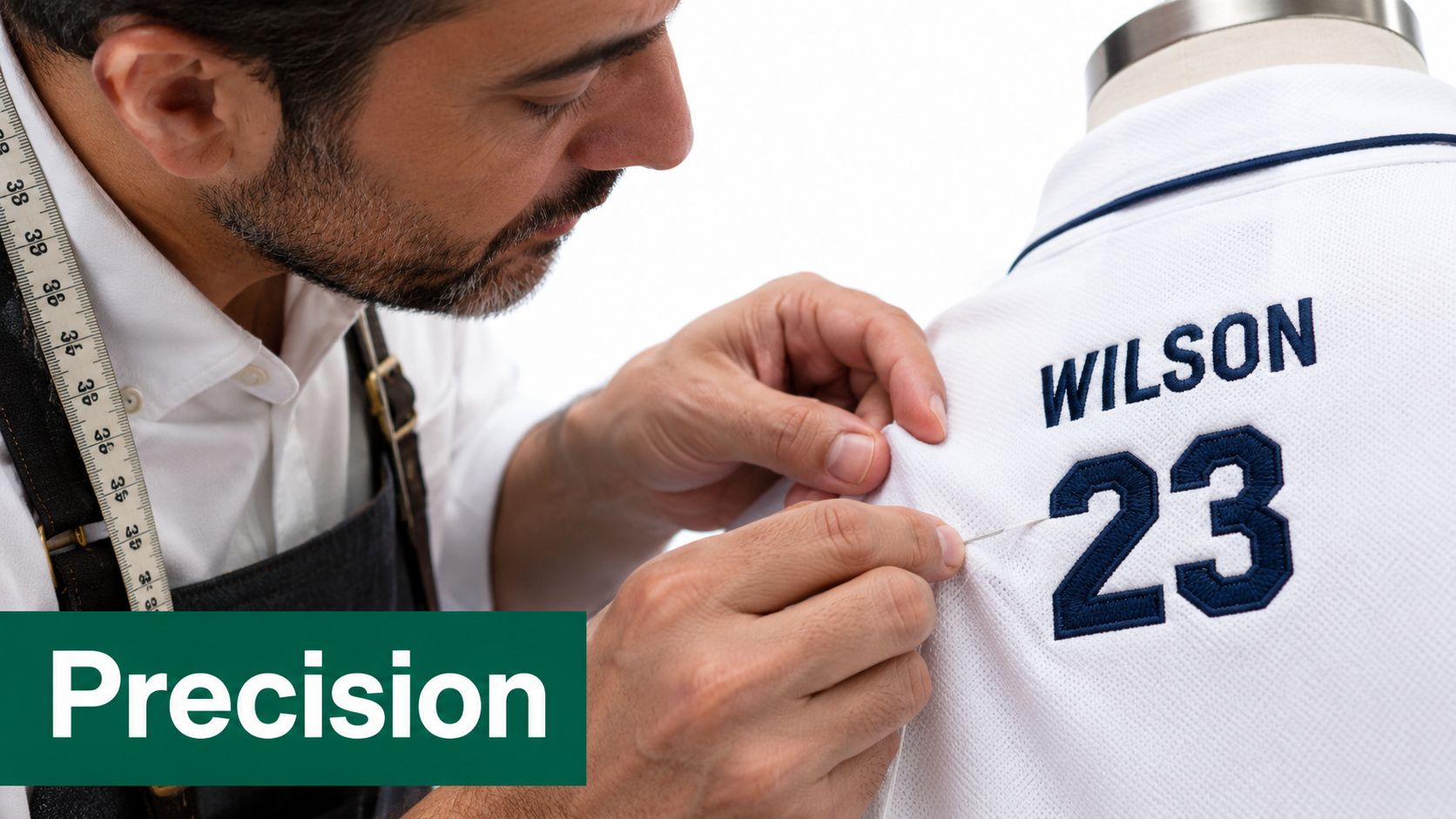 A skilled tailor carefully sewing a customized jersey with the name Wilson and number 23.