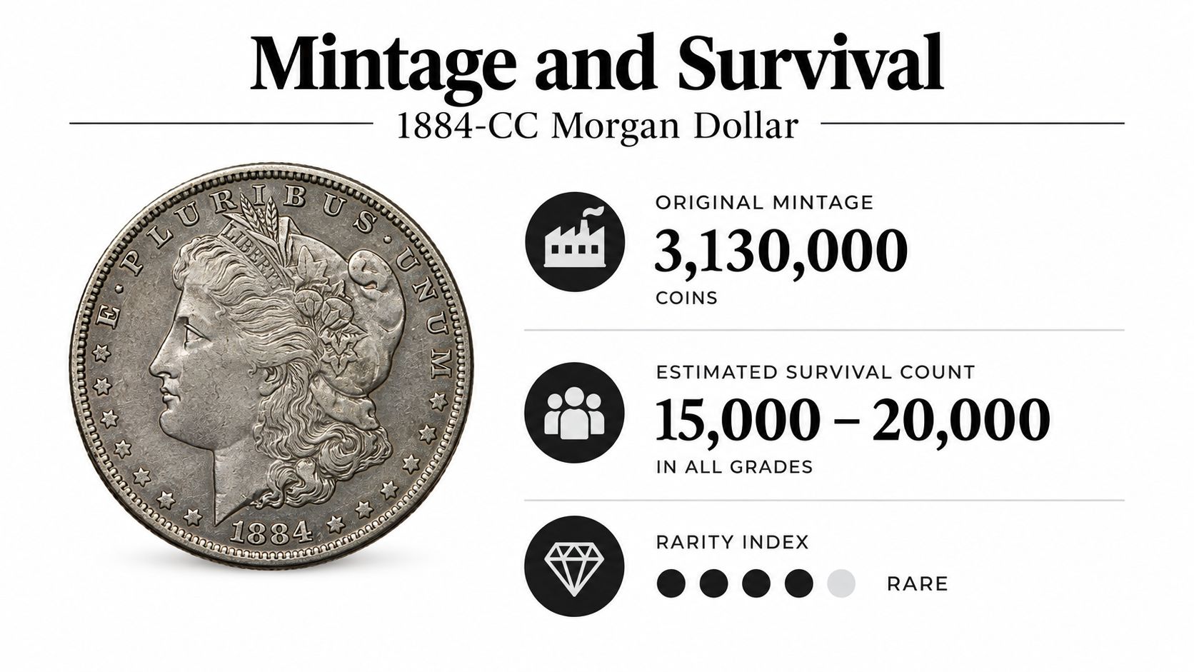 An infographic detailing the mintage and survival statistics of the 1884-CC Morgan silver dollar coin.