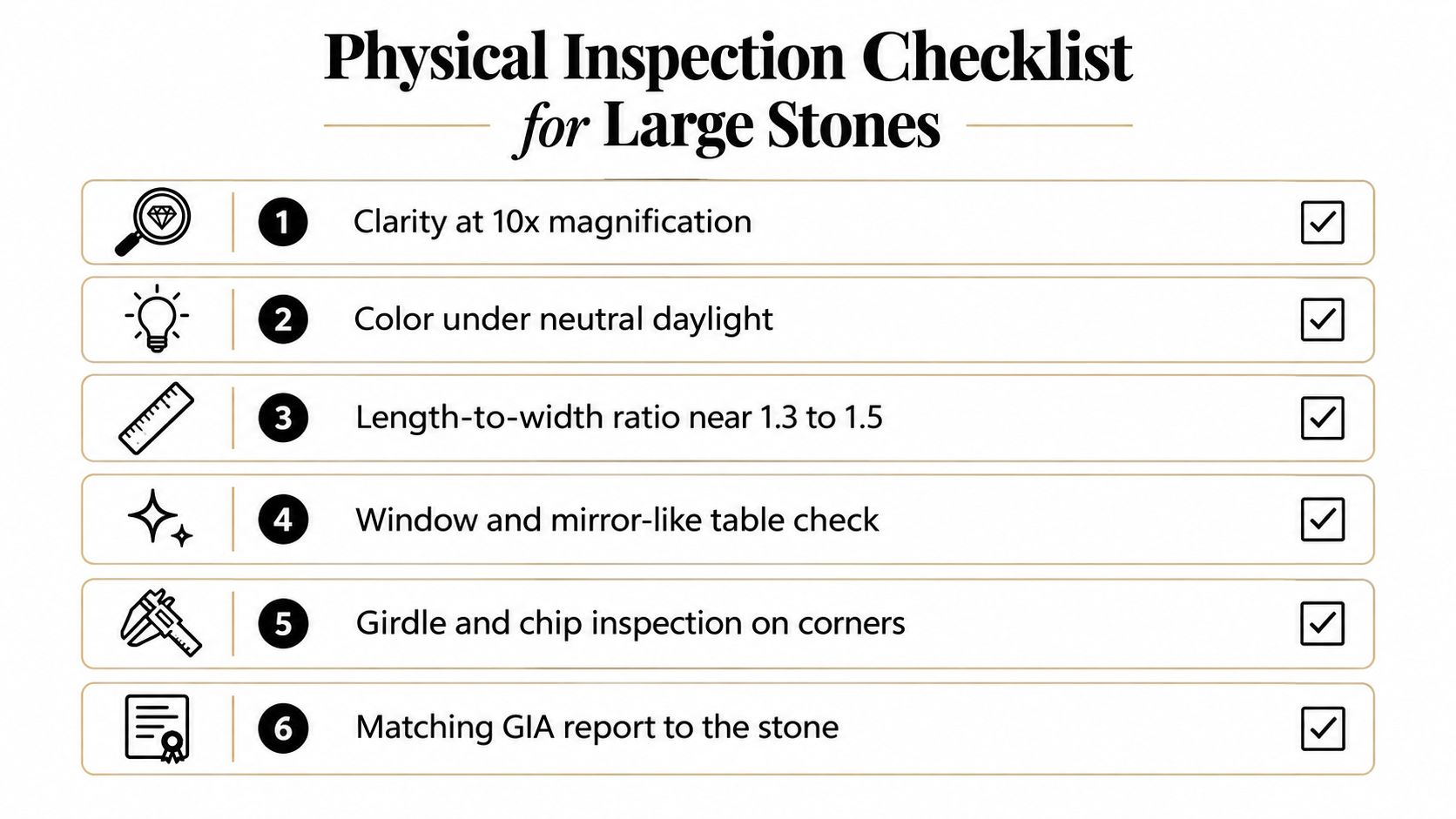 A visual guide titled Physical Inspection Checklist for Large Stones featuring six key quality assessment points.