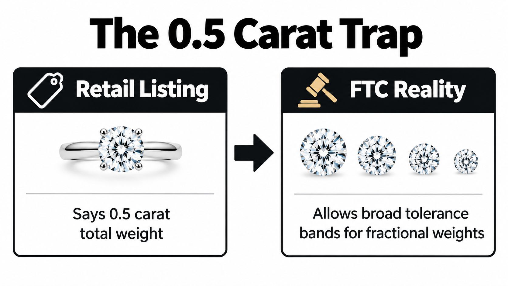 An infographic titled The 0.5 Carat Trap explaining the difference between retail weight listings and FTC regulations.