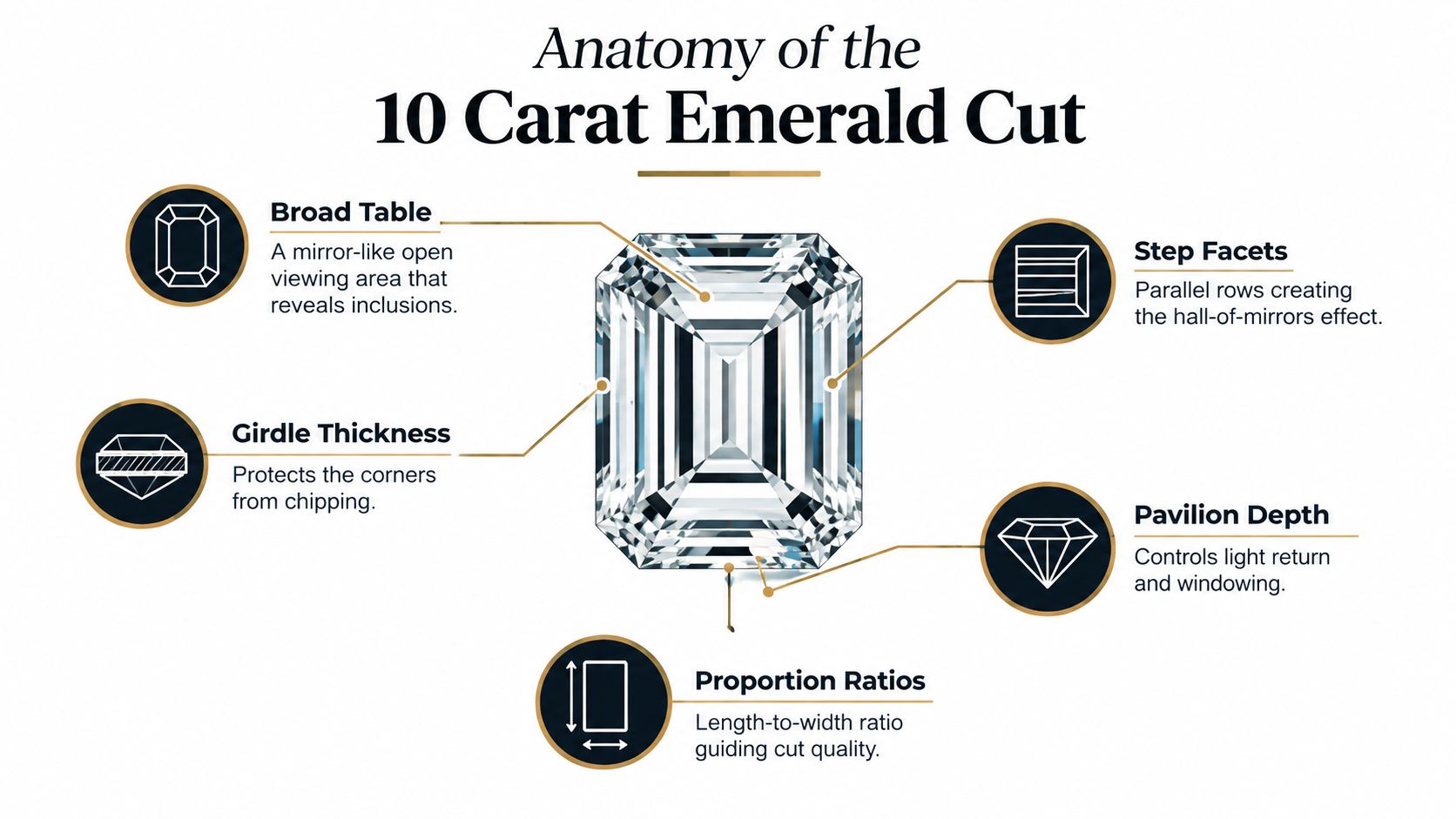 A detailed infographic explaining the anatomical features of a 10 carat emerald cut diamond.