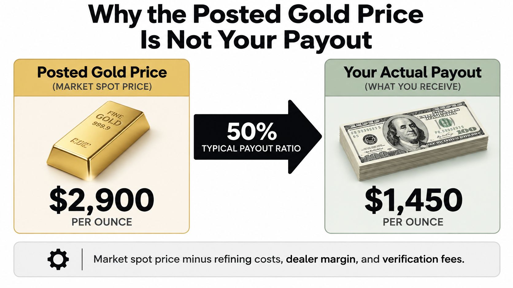 A graphic illustration explaining how a gold bar's market spot price differs from the actual cash payout received.