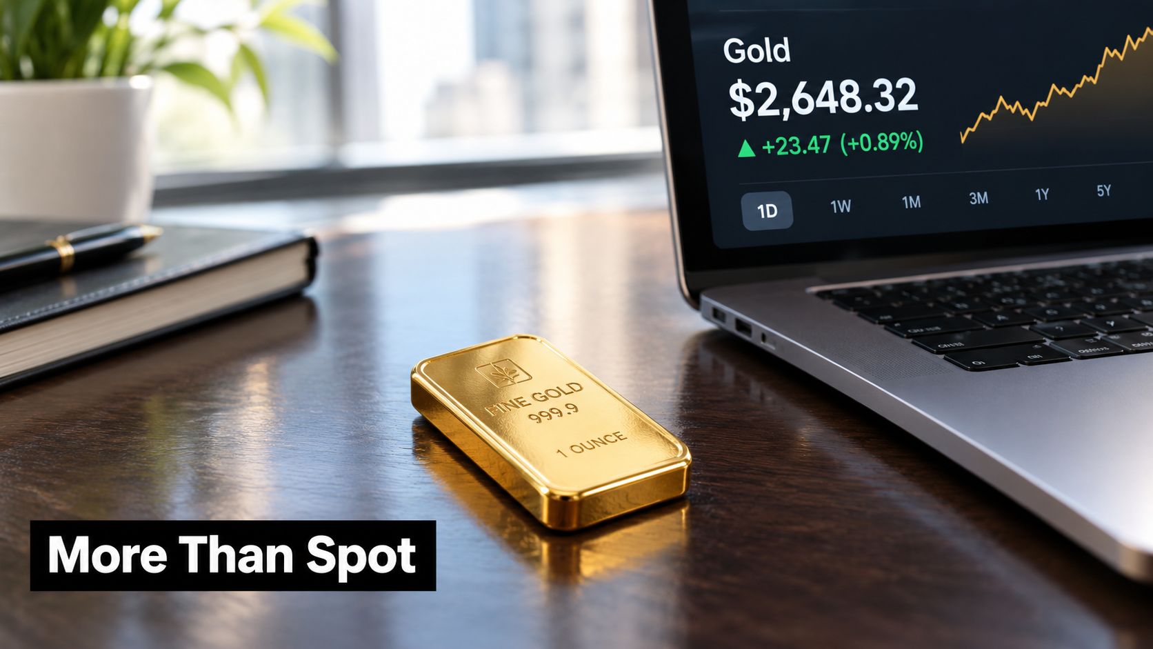 A gold bar resting on a wooden desk next to a laptop displaying current gold market prices.