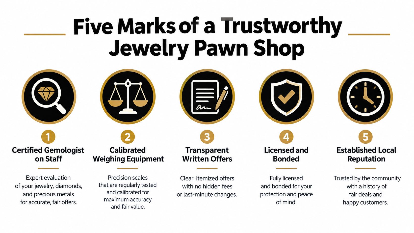 An infographic detailing the five marks of a trustworthy jewelry pawn shop, including certification and reputation.
