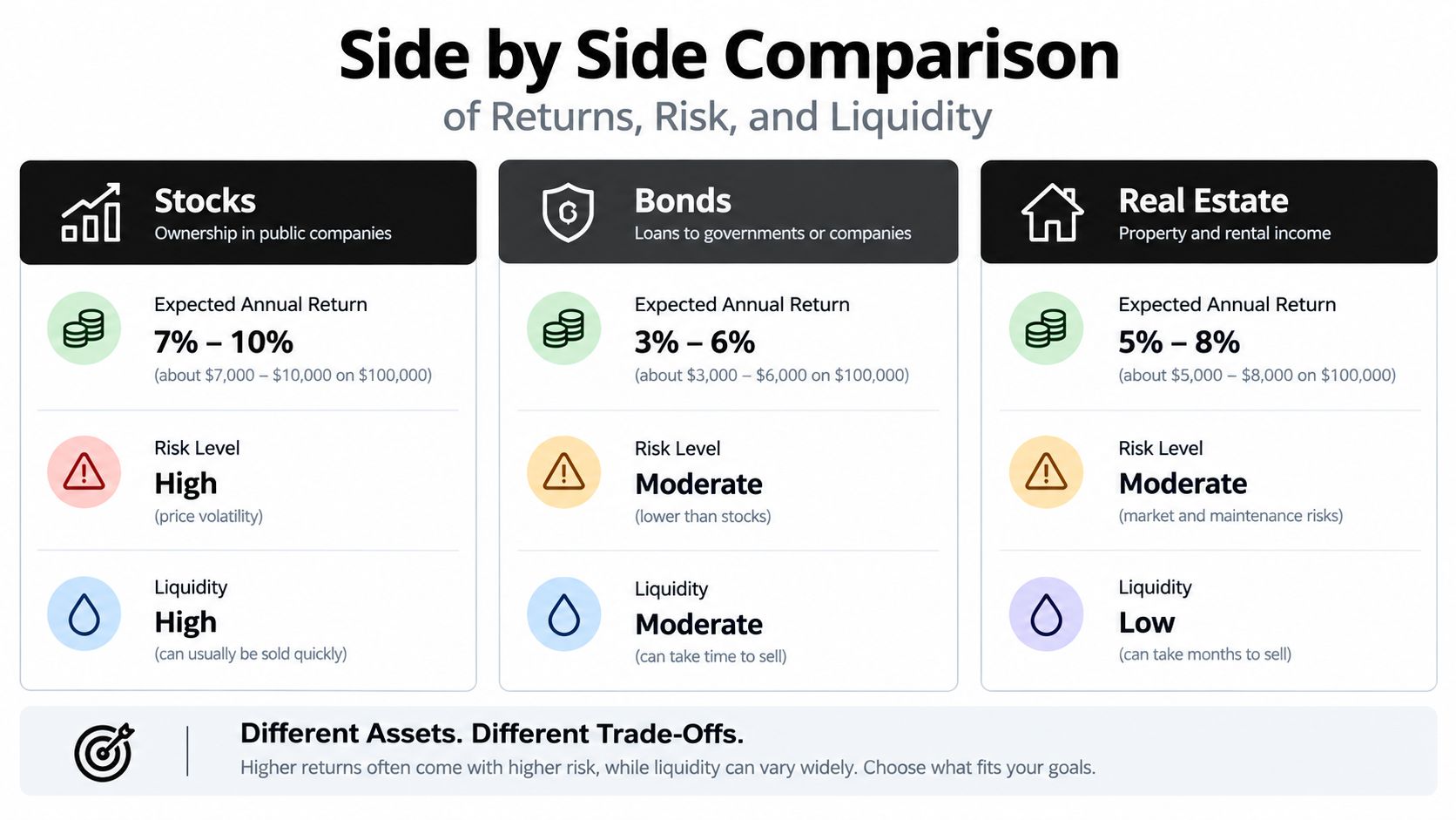 A comparison chart showing the returns, risk levels, and liquidity for stocks, bonds, and real estate investments.