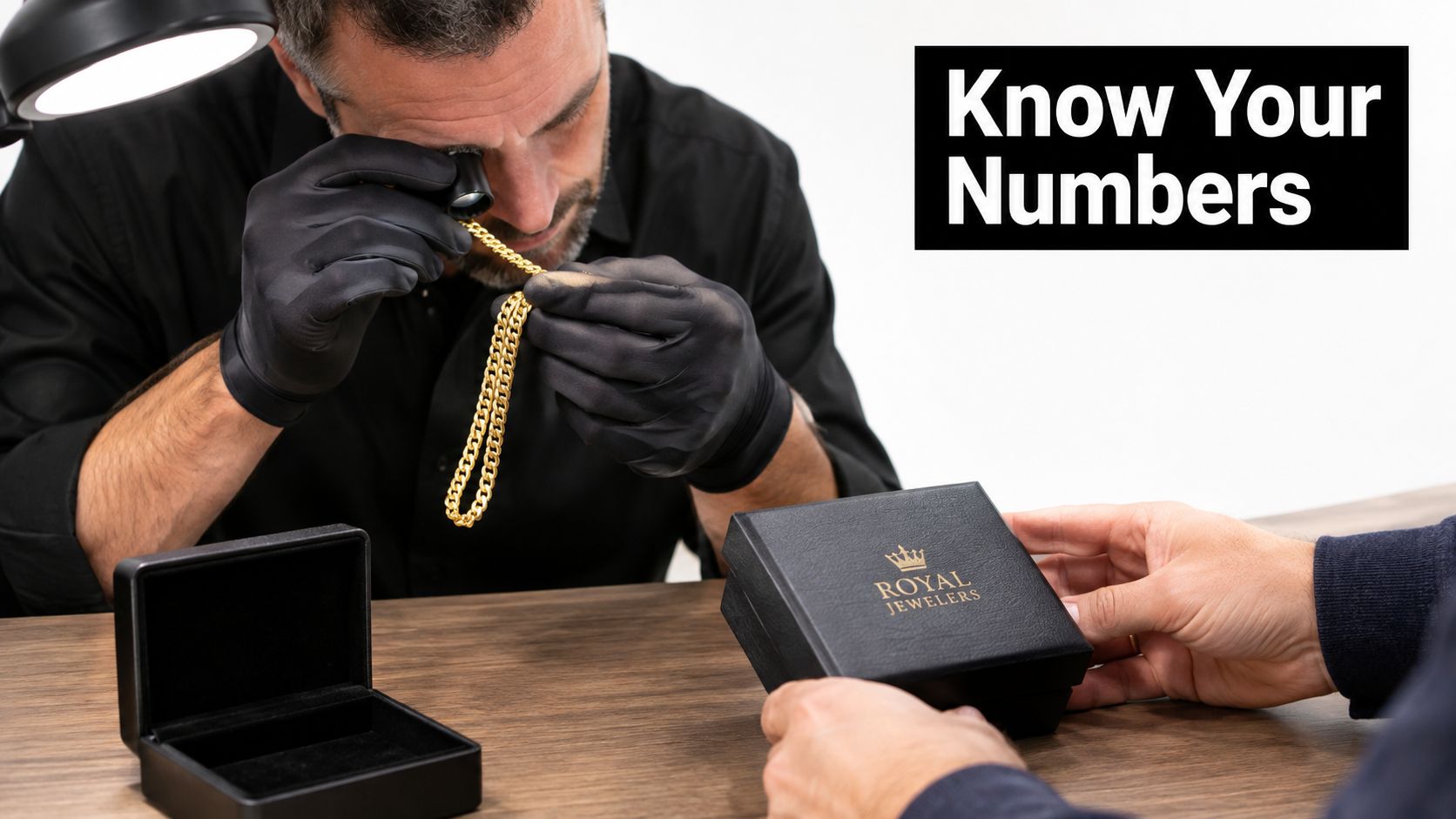 A professional jeweler with black gloves inspects a gold chain using a loupe at a wooden table.