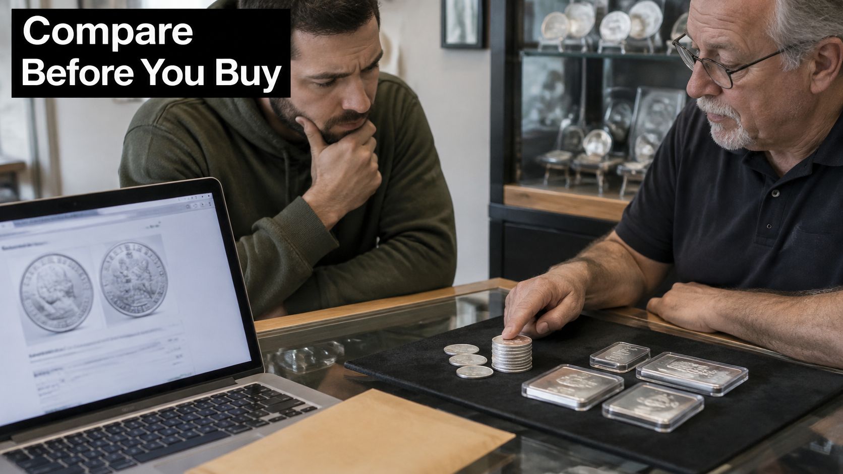 An older man showing silver bullion to a younger man while they look at a laptop screen.