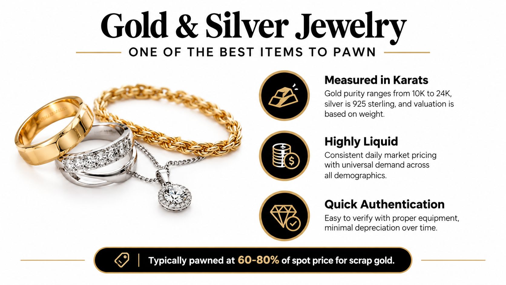 A jewelry assortment of gold and silver rings and a necklace for pawning with informative bullet points.