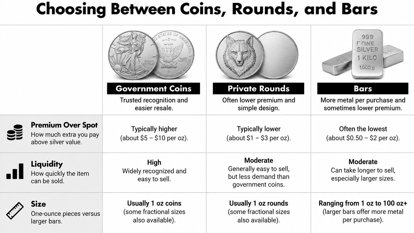 A comparison chart outlining the differences between government coins, private rounds, and silver bars for investors.