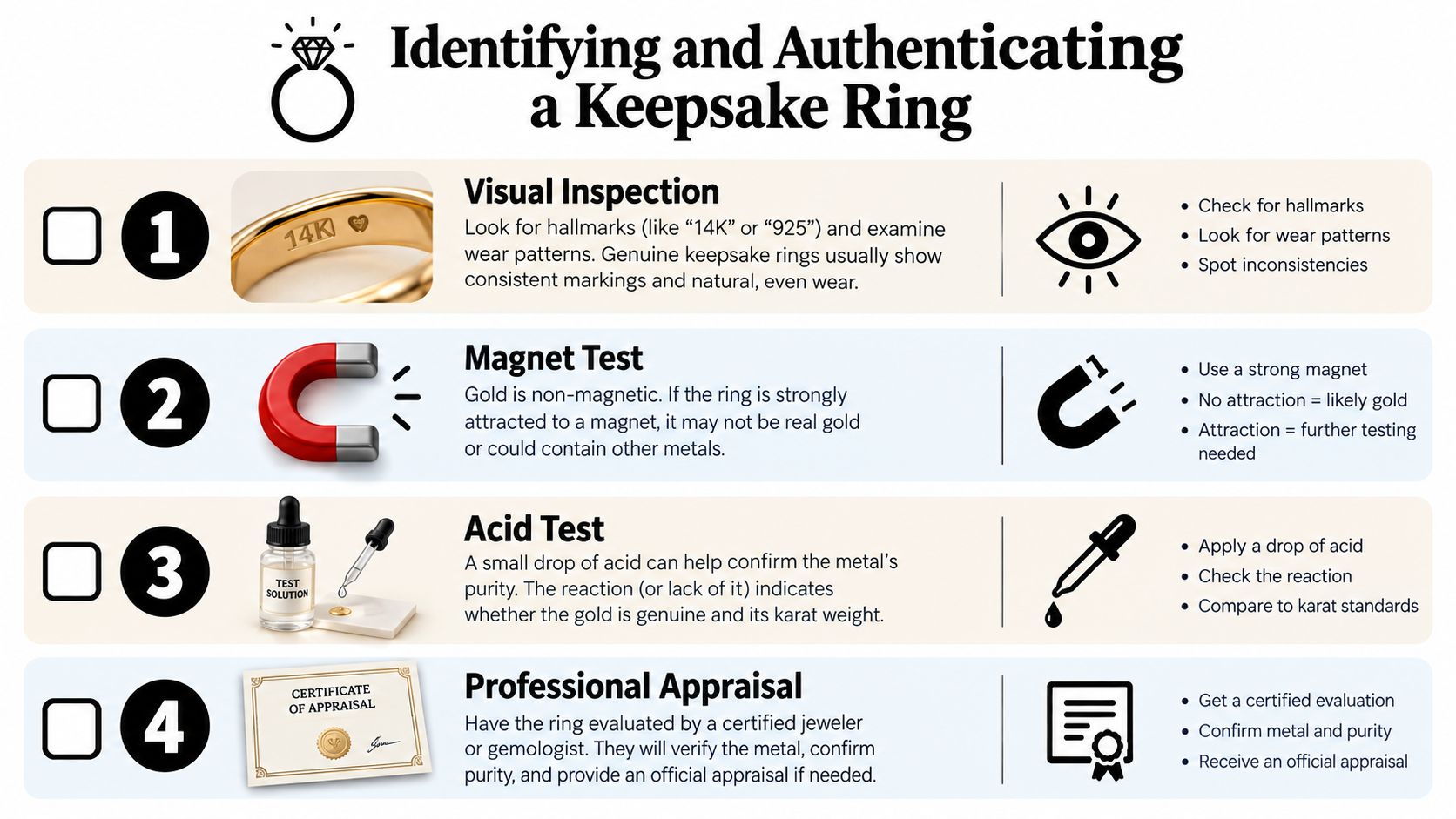 A four-step infographic guide on how to identify and authenticate a precious keepsake metal ring.
