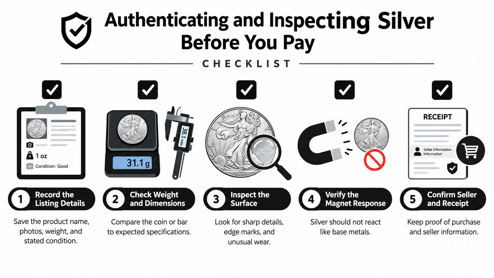 A five-step infographic guide on how to authenticate and inspect silver coins before making a purchase.