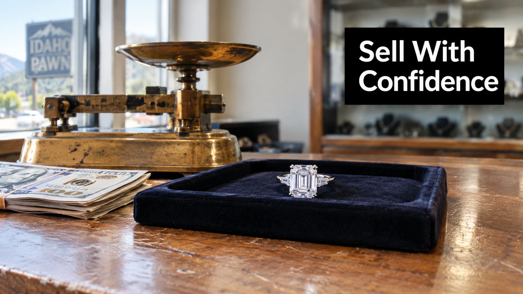 An emerald cut diamond ring displayed on a velvet tray next to a vintage scale and money.
