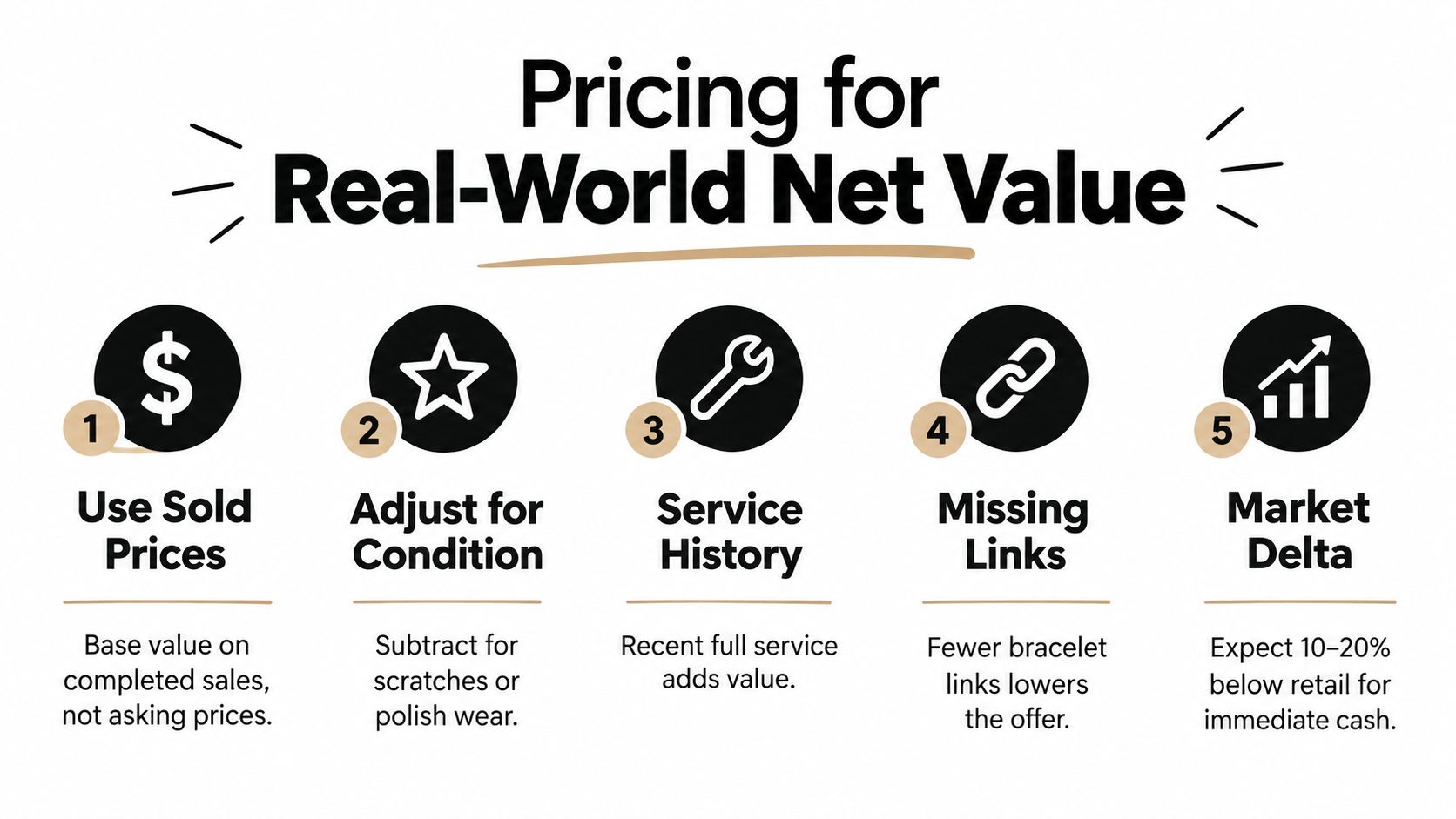 An infographic showing five key factors to consider when determining the net value of luxury watches.