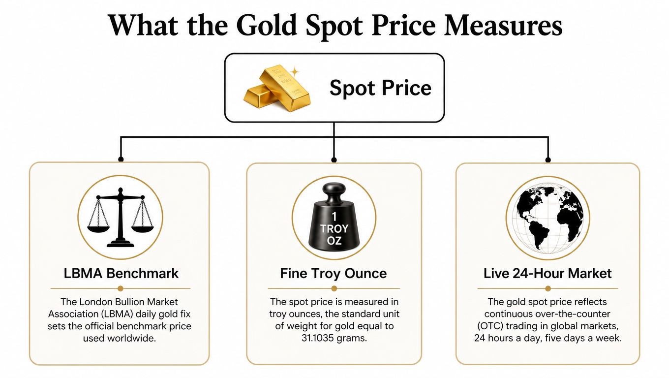 A diagram explaining what the gold spot price measures including benchmarks, weight units, and global markets.