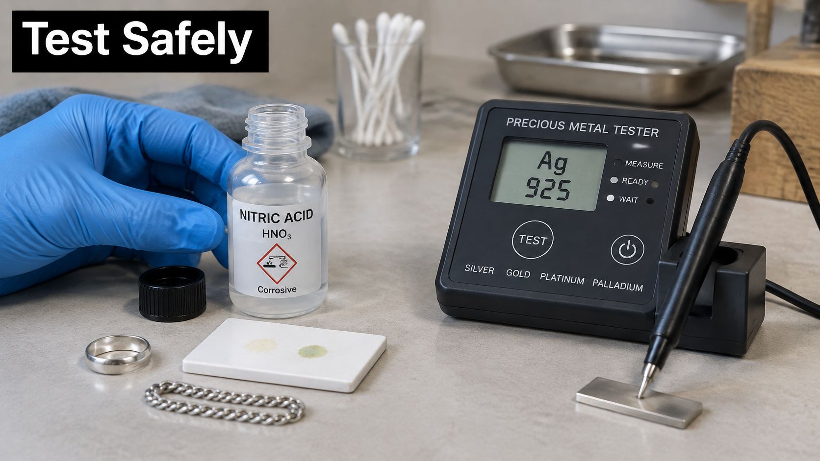 A gloved hand testing silver jewelry with a nitric acid bottle and a digital precious metal tester.
