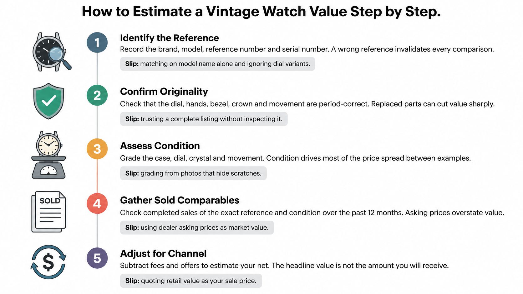 A five-step infographic showing how to estimate the market value of a vintage luxury watch accurately.