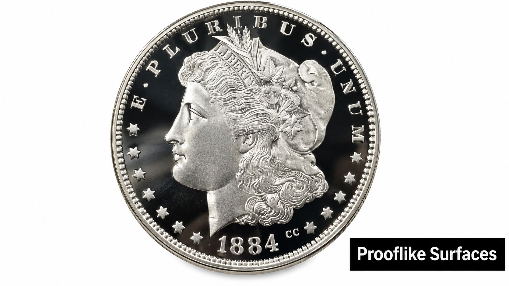 A high-quality 1884 Carson City Morgan silver dollar featuring highly reflective prooflike surfaces and detailed relief.