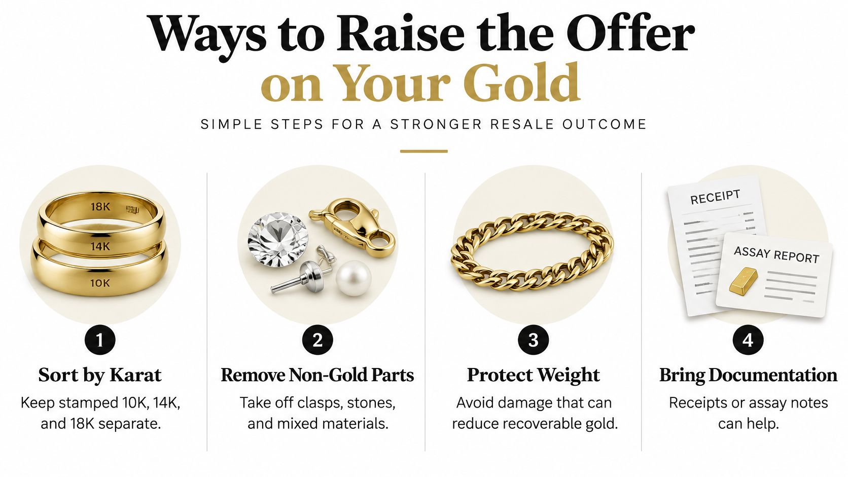 An infographic showing four simple steps to maximize the resale value of your gold jewelry items.