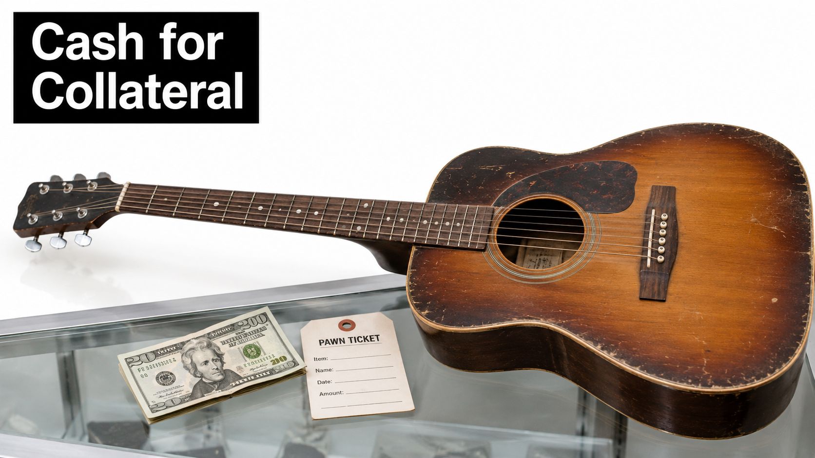 A vintage acoustic guitar sitting next to a pawn ticket and a stack of American cash.