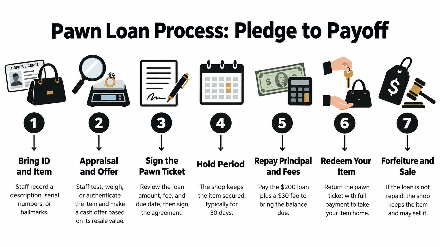 A seven-step infographic illustrating the process of getting a pawn shop loan from pledge to payoff.