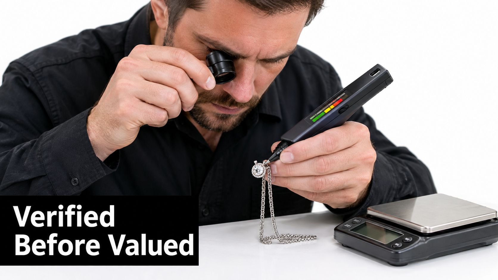A professional jeweler inspecting a diamond necklace with a magnifying loupe and a digital diamond testing device.
